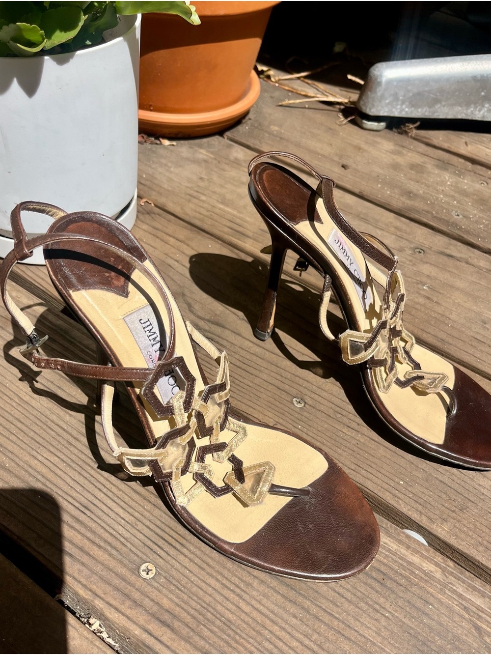 Vintage Y2K Jimmy Choo - Brown and Gold Strappy Sandal Heel - Picture 3 of 5